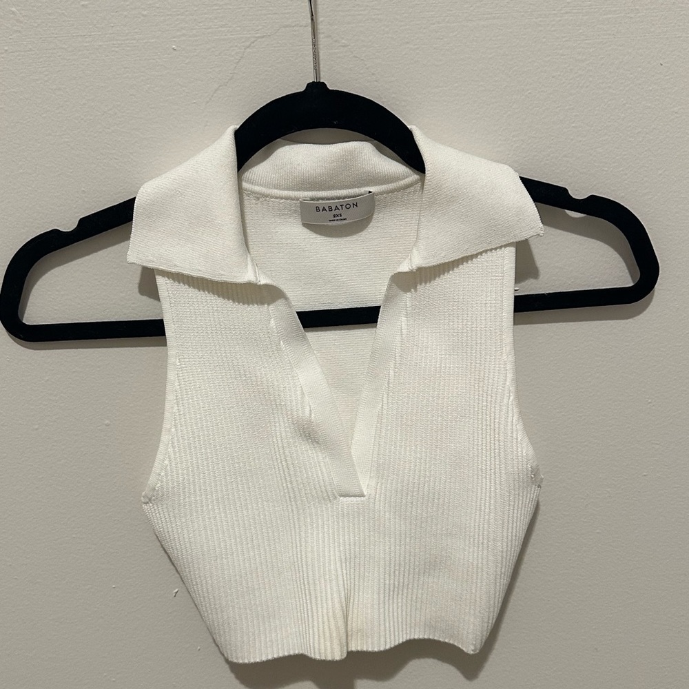 Aritzia Babaton White Collared Crop Top